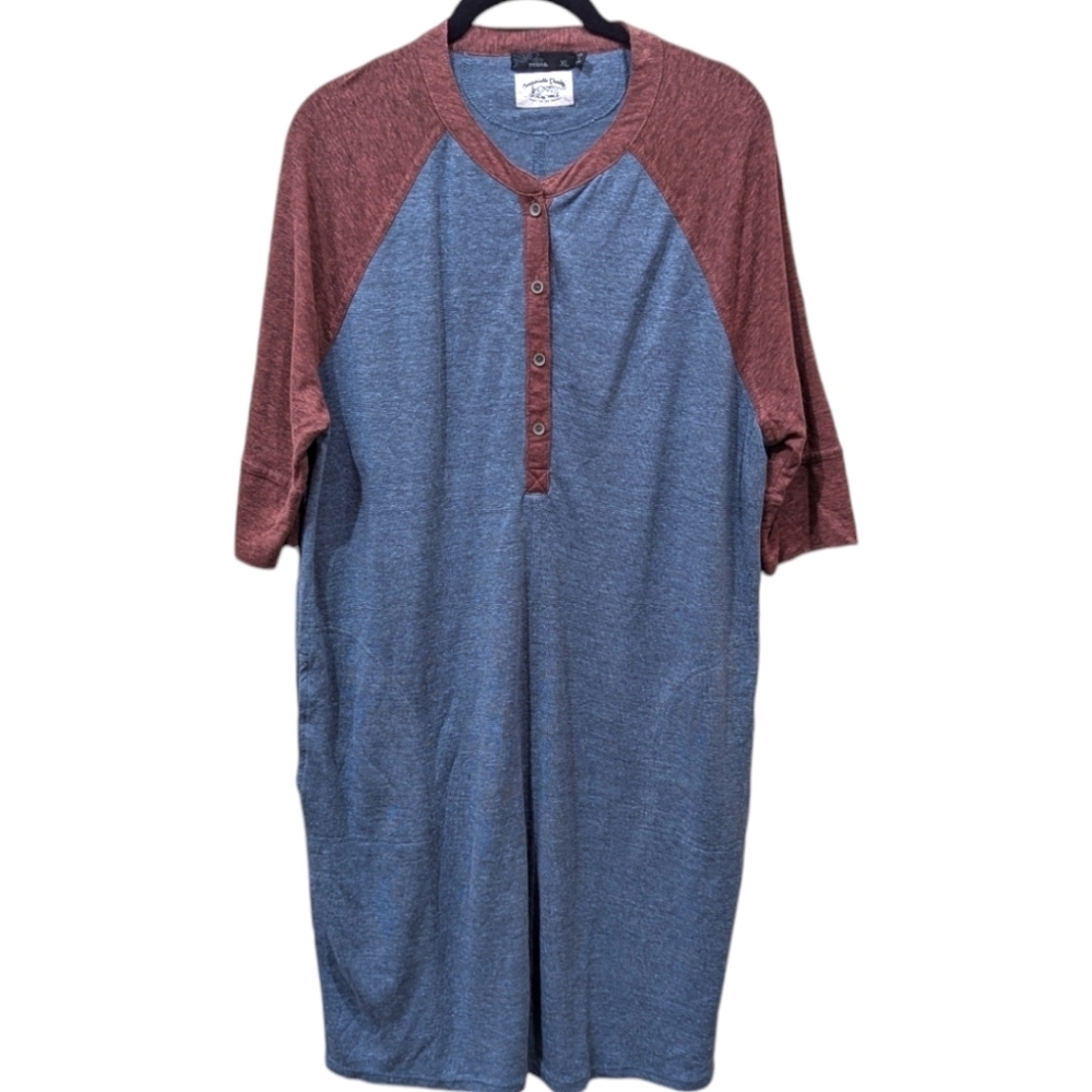 Prana Women's Cozy Up Henley Dress with Pockets in Blue/Brown (XL)